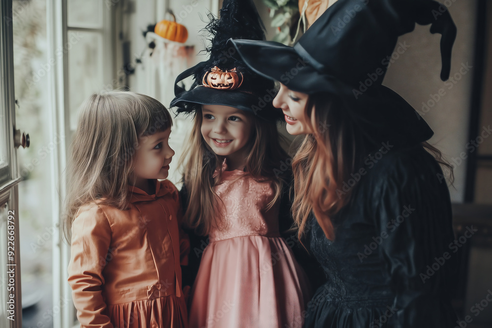 Fototapeta premium A joyful family in Halloween costumes shares laughter and love while preparing for the spooky season at home