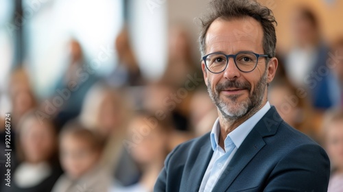 Man Engaging With Audience During Discussion at Conference in Modern Venue