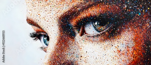 Vibrant Paint Splatter on Woman’s Face, Artistic Close-Up. Generative AI
