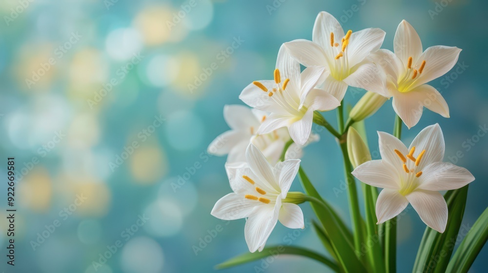 White lilies in bloom against a dreamy blue background White lilies in bloom against a dreamy blue background