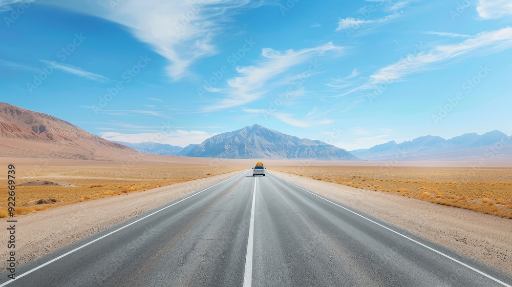 A white car is driving down a dirt road in a desert A white car is driving down a dirt road in a desert