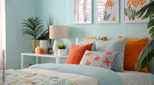 Cozy Bedroom Decor With Floral Bedding and Light Blue Walls
