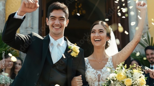 The joyful bride and groom photo