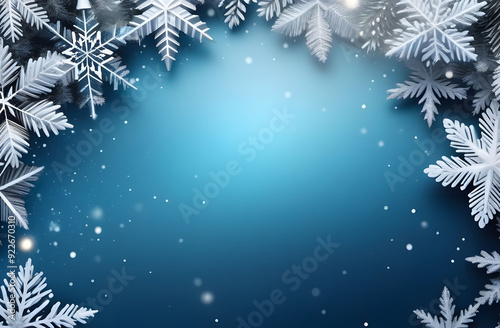 Volumetric snowflakes close-up on a blue background. Christmas blue background with free space in the middle for advertising or greetings.