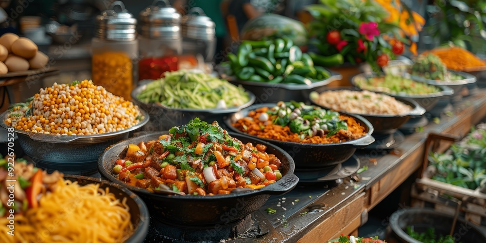 Street food dishes for National Street Food Day, August 8th, diverse flavors, vibrant setup, bustling atmosphere