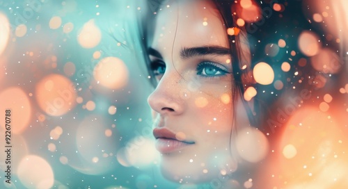 Young Woman With Dreamy Expression Surrounded by Colorful Bokeh Lights