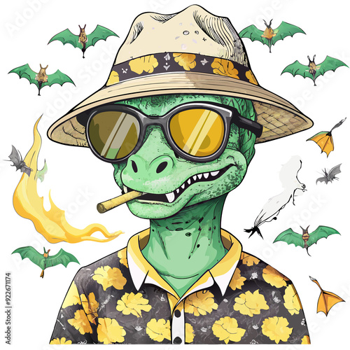 Cartoon Lizard Rocks Floral Shirt and Smokes Design photo