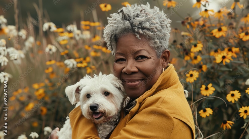A smiling woman is hugging a small white dog in a field of yellow and white flowers. AI. A smiling woman is hugging a small white dog in a field of yellow and white flowers. AI.