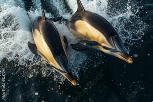 An image of a pod of dolphins leaping and playing in the waves, their joyful antics and social interactions showcasing the exuberance of marine lif photo