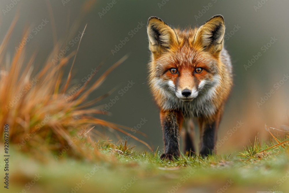 Fototapeta premium An image of a red fox kit playing and pouncing in a grassy meadow, its youthful curiosity and boundless energy on full displa
