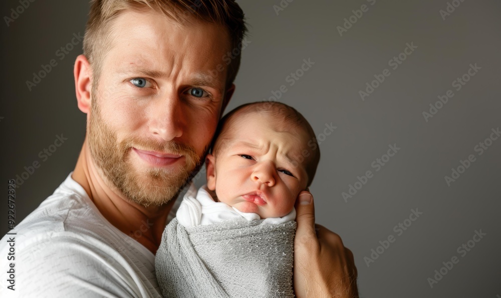 A father holds his newborn baby close. AI. A father holds his newborn baby close. AI.