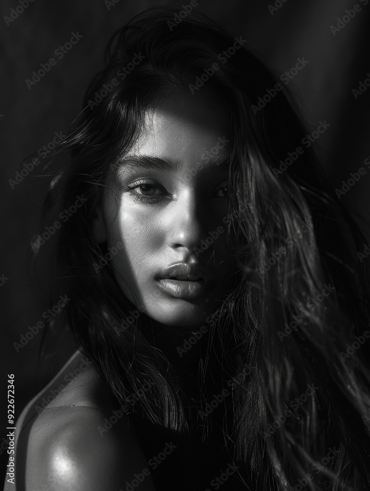 Dramatic Black and White Portrait of Young Woman with Flowing Hair Dramatic Black and White Portrait of Young Woman with Flowing Hair