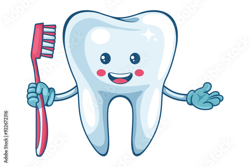 Cartoon character of a tooth with a toothbrush. Prevention, diagnosis and treatment of tooth and gum diseases. Dental hygiene and oral care. Tooth decay prevention. Health and medicine concept