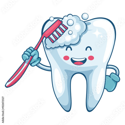 Tooth cartoon character with a toothbrush brushing. Prevention, diagnosis and treatment of tooth and gum diseases. Dental hygiene and oral care. Tooth decay prevention. Health and medicine concept