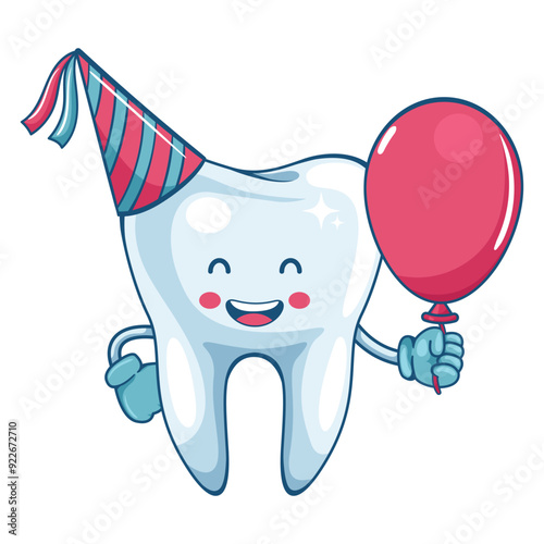 Tooth cartoon character celebrating dental health. Prevention, diagnosis and treatment of tooth and gum diseases. Dental hygiene and oral care. Tooth decay prevention. Health and medicine concept