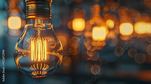 Close-up of a glowing vintage light bulb with bokeh background.