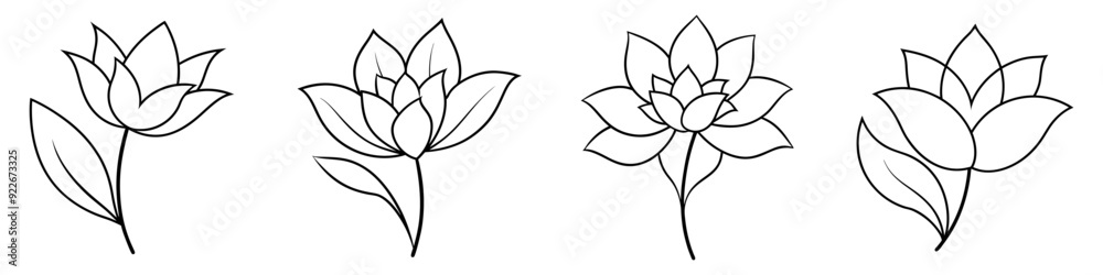 Flower icon. Set of drawn flowers with leaves. Linear flowers. Vector illustration Flower icon. Set of drawn flowers with leaves. Linear flowers. Vector illustration