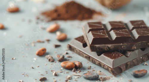 Dark Chocolate, Cocoa Powder, and Coffee Beans on Rustic Surface