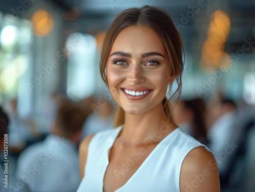 A woman smiles brightly. AI. Free Download A woman smiles brightly. AI. - GFXLoad