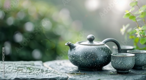 Delicate Tea Set With Teapot and Cups on Wooden Table Surrounded by Orchids
