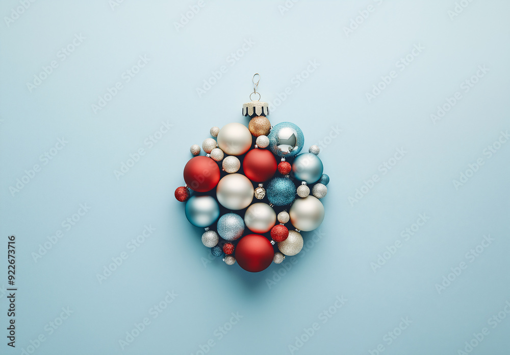 A blue and white background with a red and white Christmas ornament A blue and white background with a red and white Christmas ornament