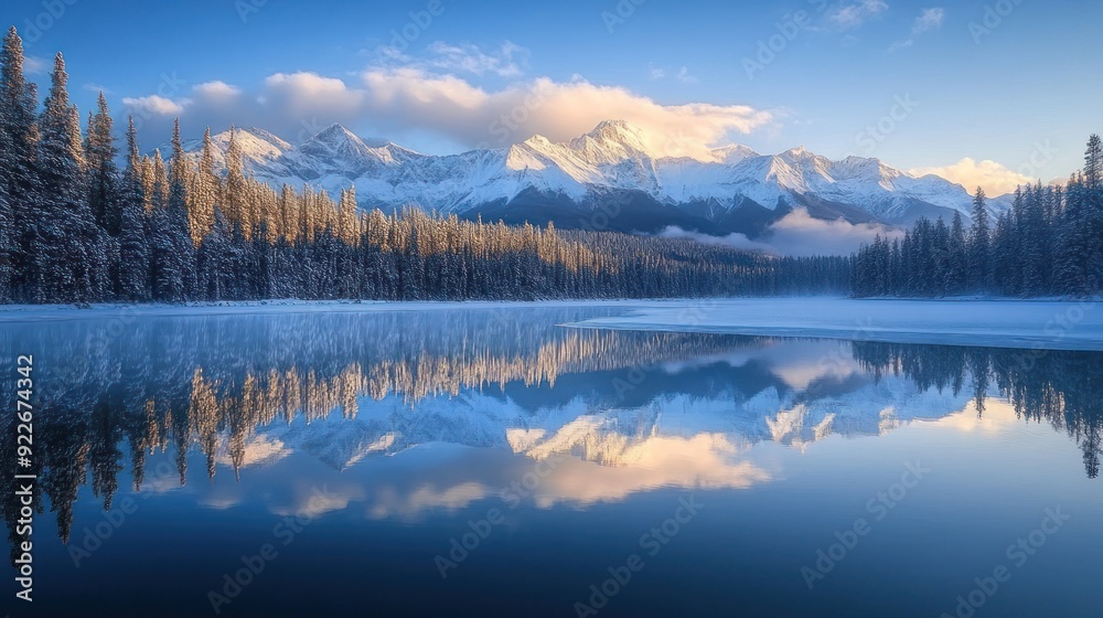 Fototapeta premium Snow-Covered Mountain Range Reflected in a Still Lake at Dawn