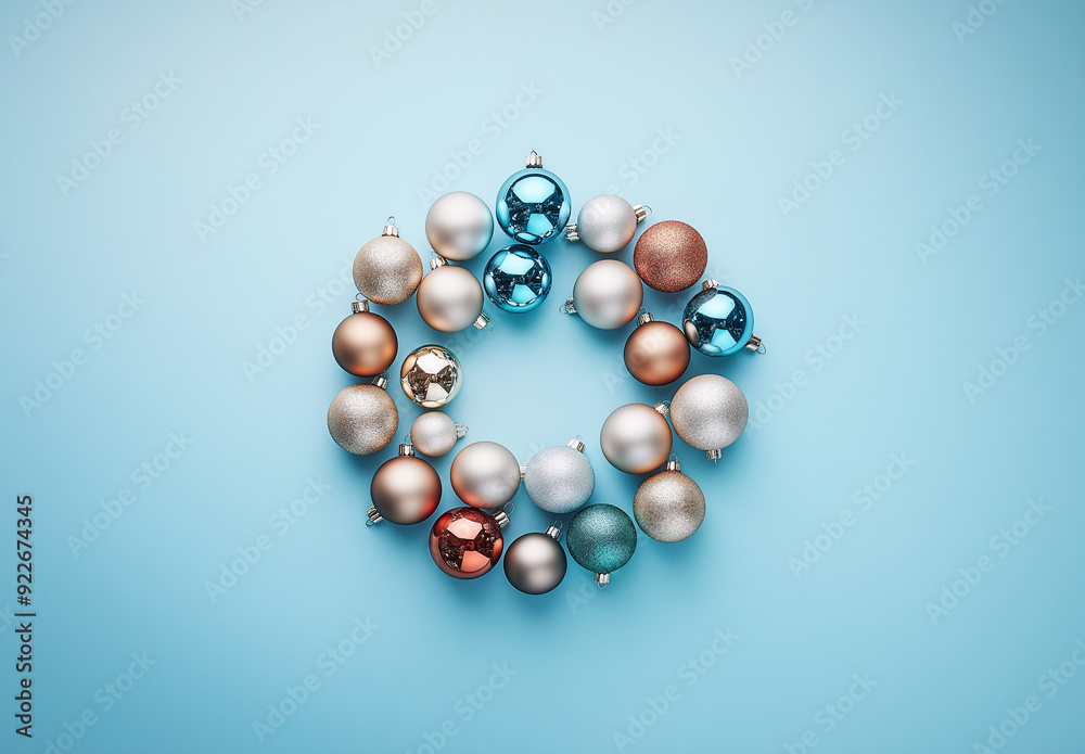 Wreath of Christmas ornaments is displayed on a blue background Wreath of Christmas ornaments is displayed on a blue background