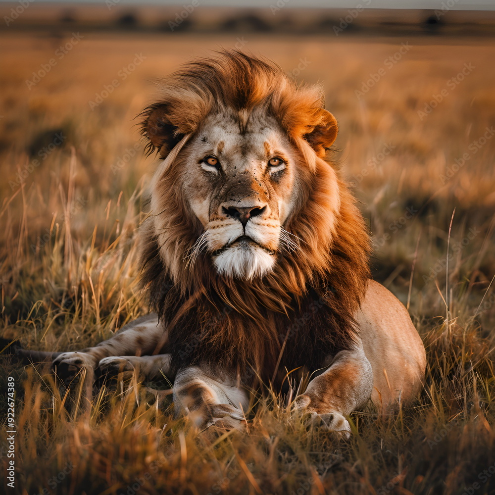 Fototapeta premium Strong and confident lion on a hill A male lion is sitting looking for his area He looks so gorgeous, majestic drone shot looking down on a male lion, Generative Ai