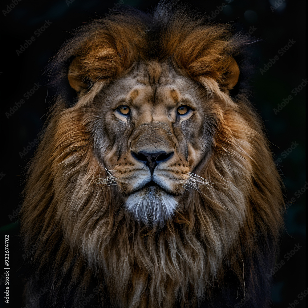 Fototapeta premium Strong and confident lion on a hill A male lion is sitting looking for his area He looks so gorgeous, majestic drone shot looking down on a male lion, Generative Ai