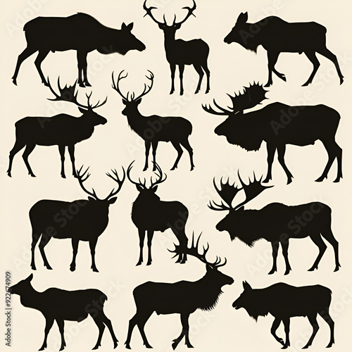 A crisp, contemporary silhouette vector on a white background depicting arctic animals polar bear, penguin, seal, walrus, arctic fox, snowy owl, reindeer, and muskox, Generative AI
