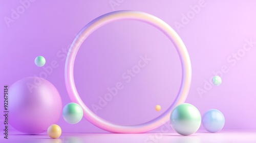 Colorful spheres and large circle on purple background, copy space. 