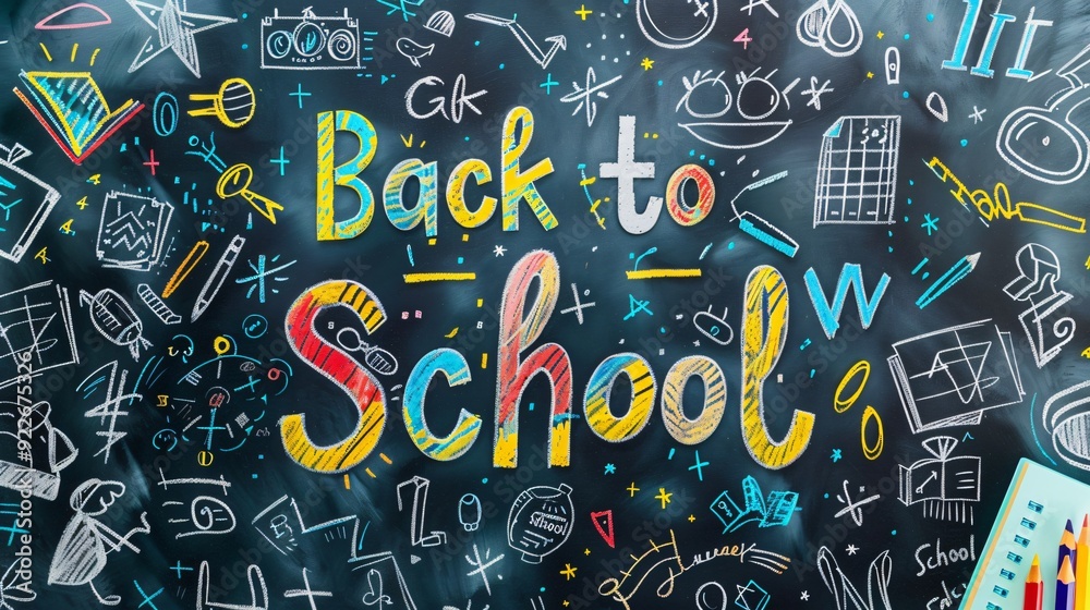 back to school colorful text banner on chalkboard