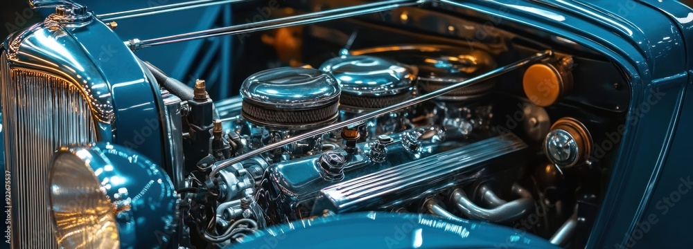 Fototapeta premium Polished Chrome Engine of a Vintage Blue Car