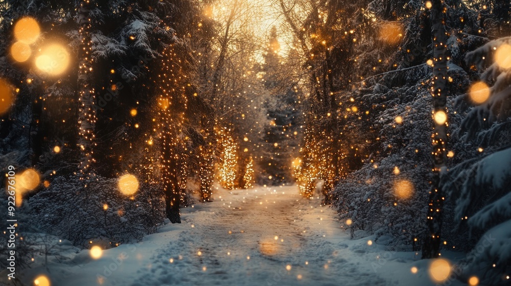 Obraz premium Snow-Covered Forest Path Adorned with Golden Lights