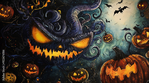 Hand-painted Halloween drawing with intricate designs featuring whimsical monsters, magical spells, and enchante photo