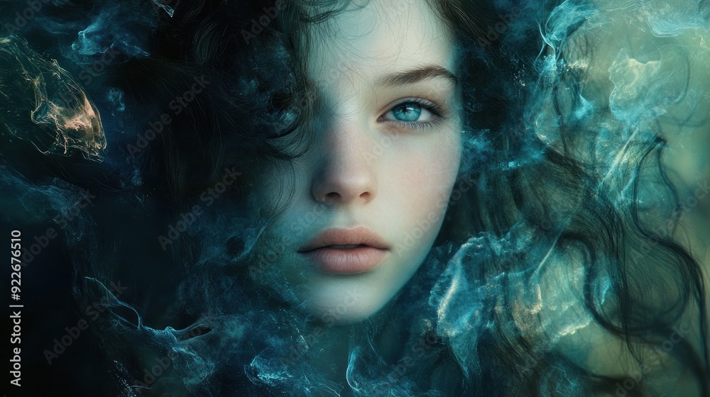 A Woman's Face Half-Hidden by Blue and Gold Smoke A Woman's Face Half-Hidden by Blue and Gold Smoke