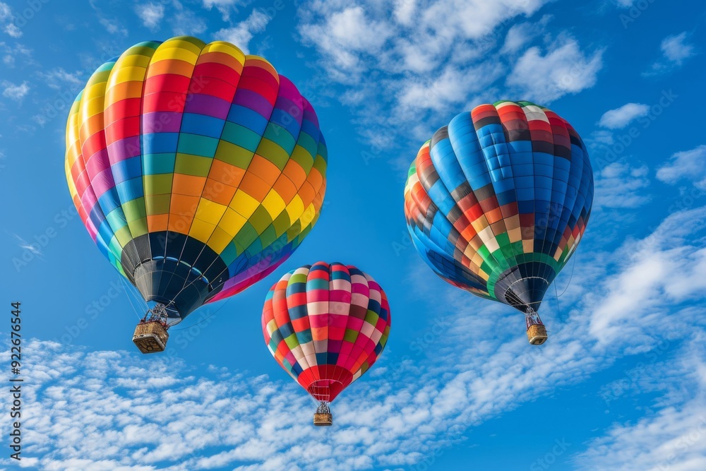 Naklejka premium An image capturing colorful hot air balloons ascending into the sky, creating a whimsical and uplifting sight during a festival or adventur