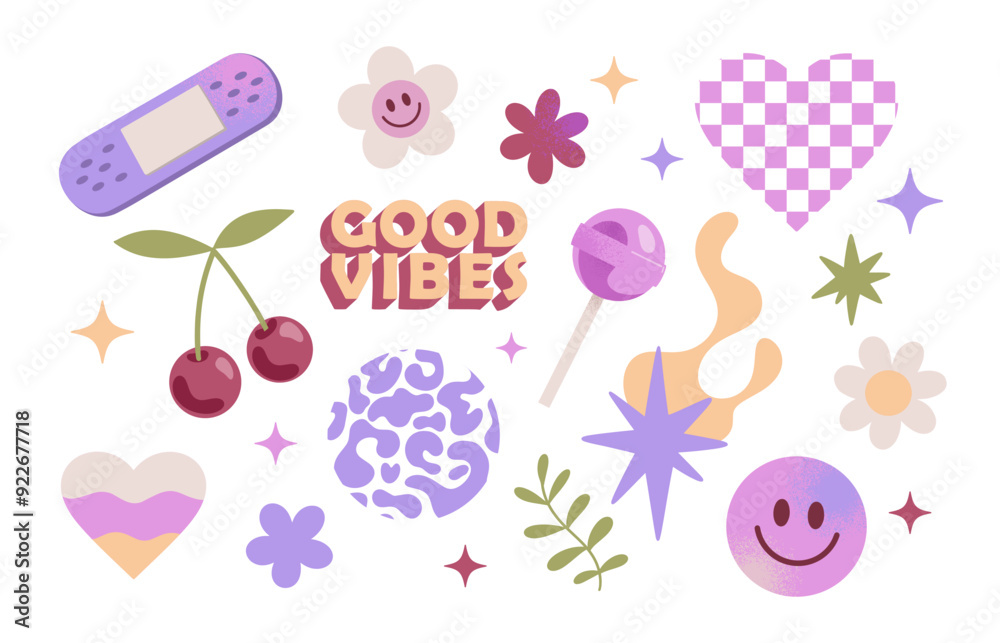 Y2k stickers with daisy, wave, chess, mesh, smile, leopard print, cherry, lollipop. Set of vector elements in trendy retro trippy 2000s style. Funny cute texture for childish design. Y2k stickers with daisy, wave, chess, mesh, smile, leopard print, cherry, lollipop. Set of vector elements in trendy retro trippy 2000s style. Funny cute texture for childish design.