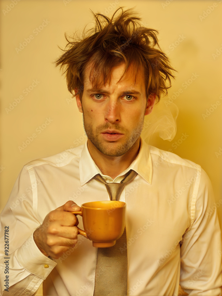 Disheveled man in a white shirt holding a steaming coffee mug, looking surprised in a light-colored room during the morning. Generative AI Disheveled man in a white shirt holding a steaming coffee mug, looking surprised in a light-colored room during the morning. Generative AI