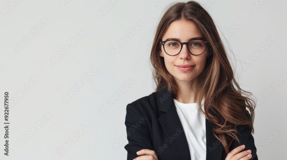 Woman wearing glasses, dressed in professional attire with hands on hips. She exudes confidence and a strong career presence. Woman wearing glasses, dressed in professional attire with hands on hips. She exudes confidence and a strong career presence.