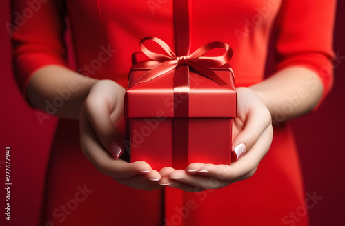 Woman in red dress on red background holding red gift box with red ribbon in her hands. Give a gift for a holiday.