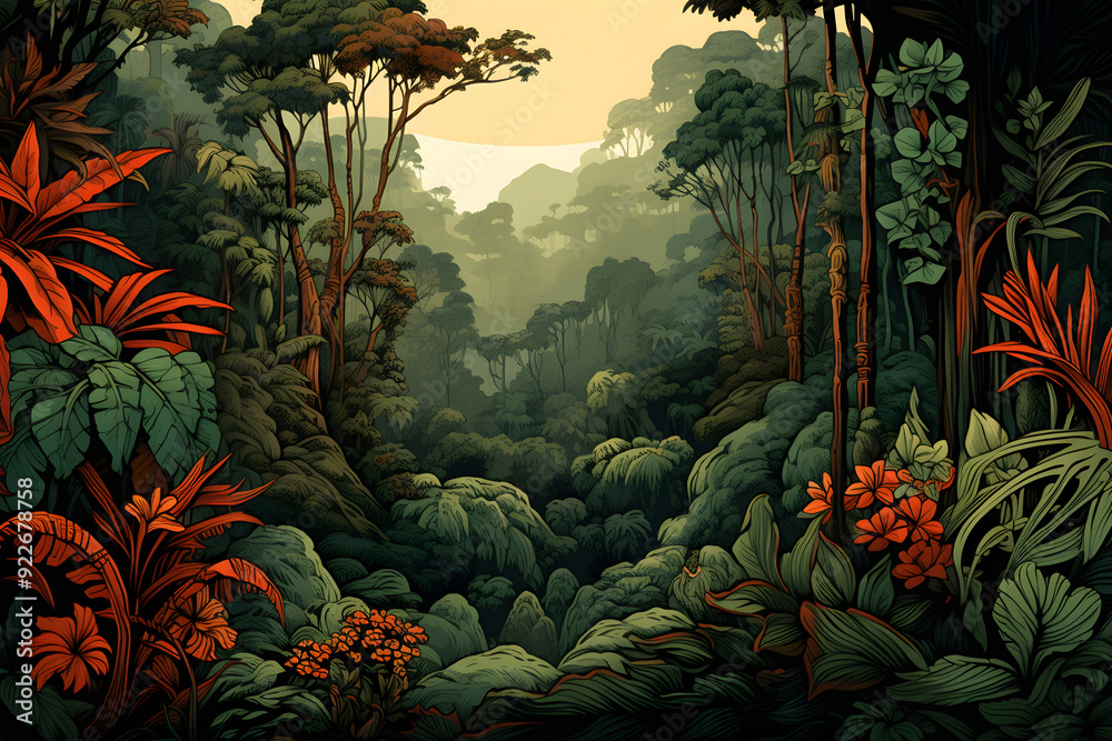 Fototapeta premium jungle wallpaper background illustration, wallpaper illustration jungle style, tropical jungle vibe