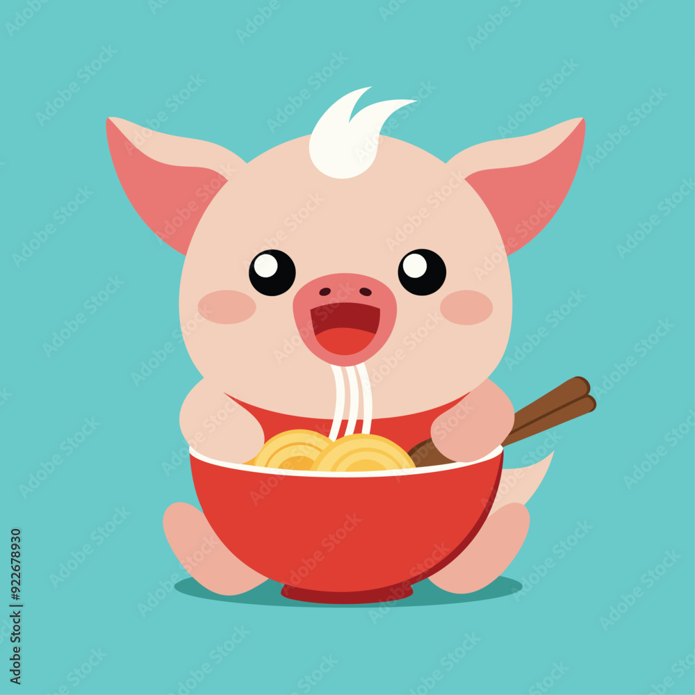 cute pig eats ramen surprised face vector isolated cute pig eats ramen surprised face vector isolated