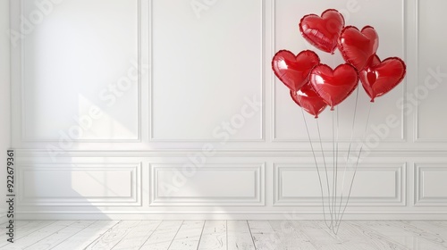 Red heart-shaped balloons stand together against a white wall, creating a festive atmosphere for a special celebration