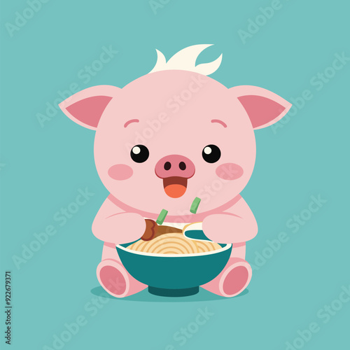 cute pig eats ramen surprised face vector isolated