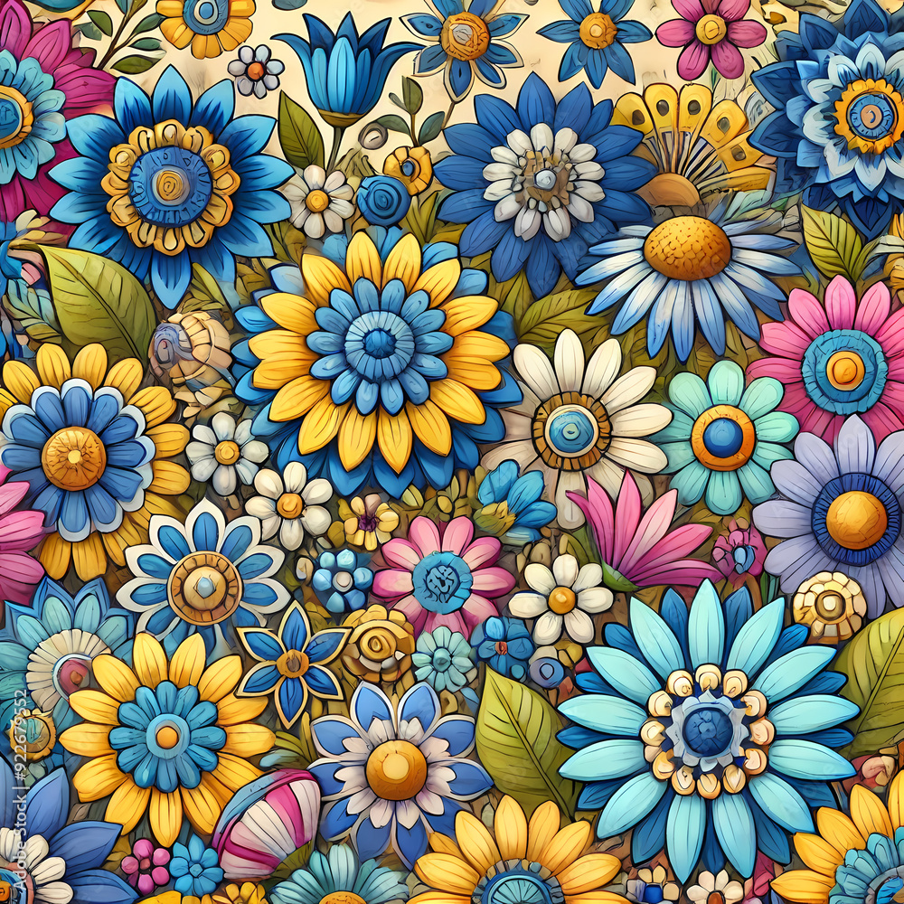Large Floral Pattern with Blue, Yellow, Pink, and Green Large Floral Pattern with Blue, Yellow, Pink, and Green