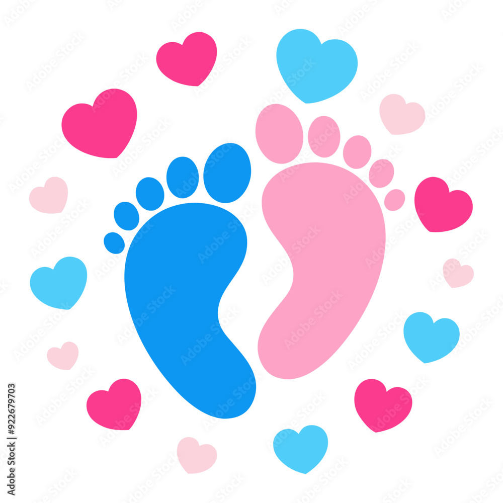 Foot prints icon. Pink and blue baby footprints icon with heart shape, isolated on white background. Vector illustration Foot prints icon. Pink and blue baby footprints icon with heart shape, isolated on white background. Vector illustration
