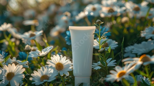 Moisturizing Cream Surrounded by Colorful Flowers in a Summer Garden