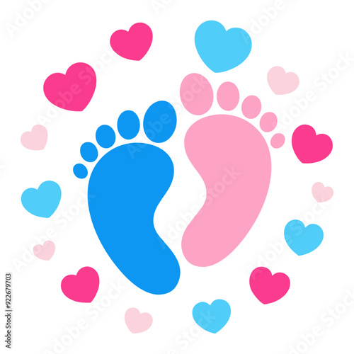 Foot prints icon. Pink and blue baby footprints icon with heart shape, isolated on white background. Vector illustration