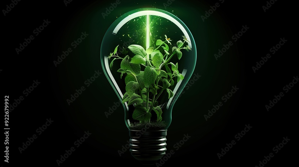 soft green light bulb with bioengineered plants growing inside, symbolizing the fusion of technology and nature, black background soft green light bulb with bioengineered plants growing inside, symbolizing the fusion of technology and nature, black background